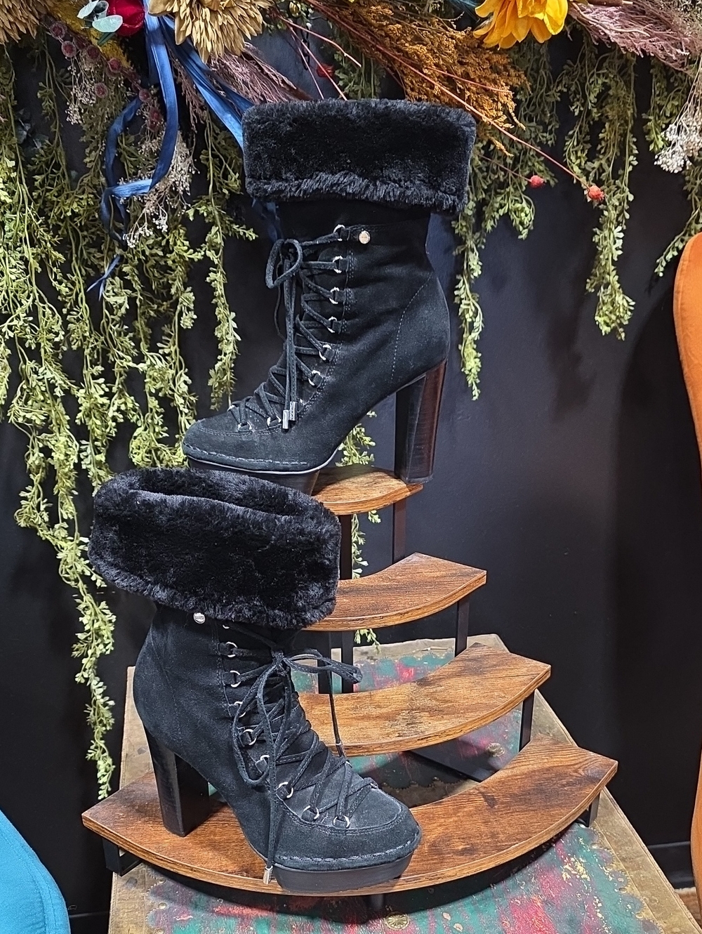 RARE! Calvin Klein Black Faux-Fur Suede Leather Lace-Up High Heel Ankle Boots